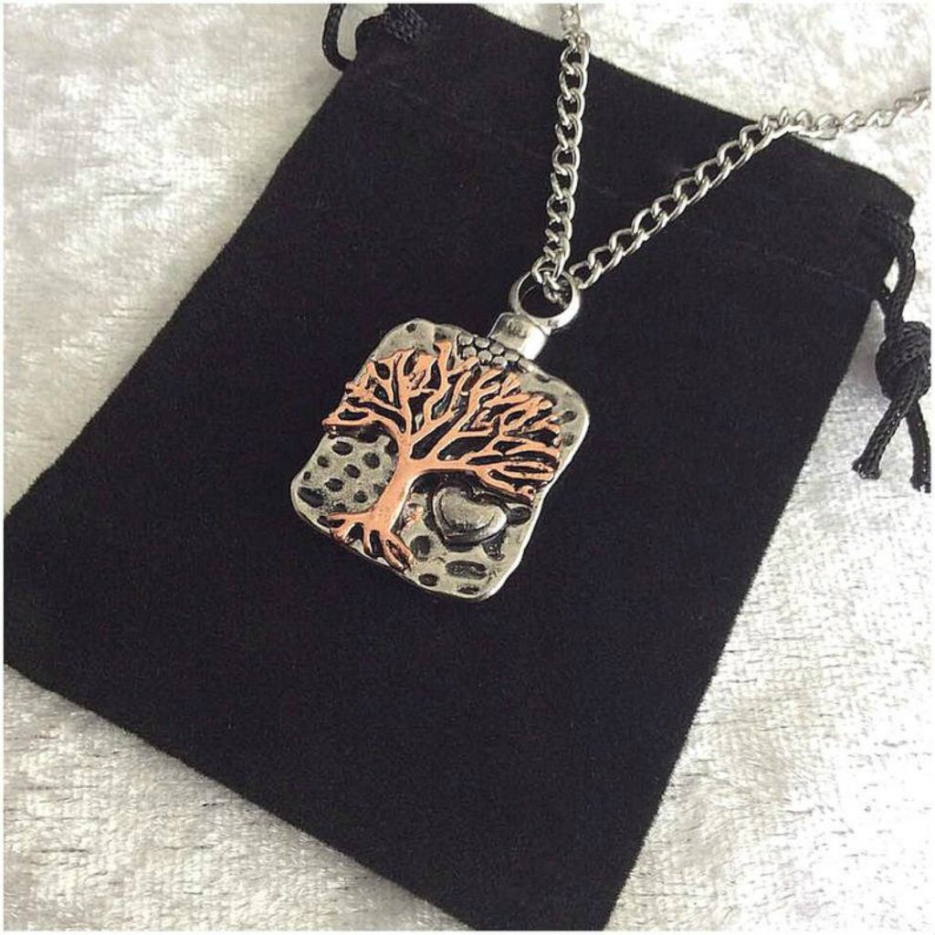 Beautiful "Sculptured Tree Of Life" Cremation Urn Necklace, Pouch, Fill Kit